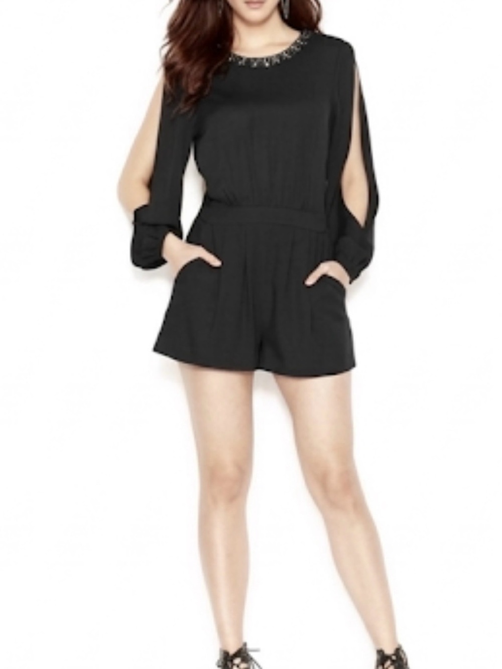GUESS Long Sleeve Embellished Romper with Sleeve Slits- V-Neck Size 6